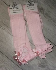 Girls Long Length Pink Lace Bow Socks 6-9 Years