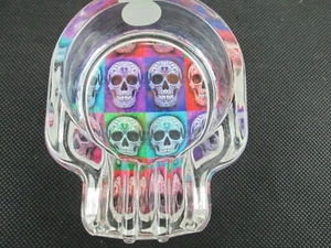 GLOW IN THE DARK GLASS SKULL ASHTRAY SMOKEZILLA FLORAL MULTICOLOR SUGAR SKULL - Picture 1 of 5