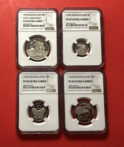 1978-NEW ZEALAND -4 COIBS( 1, 5, 10, 50 CENT ),GRADED BY NGC PF69 ULTRA CAMEO - Picture 1 of 10