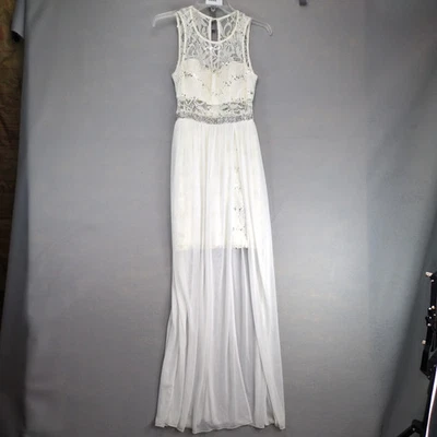 BCX Sheer Lace Overlay Off-White Dress Sz 3 Juniors Sleeveless Sequin Split Prom - Image 1 of 4