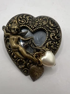 Vintage 2” Cherub Cupid Brooch Pin With 2 Heart Charms And Mirror Backing - Picture 1 of 7