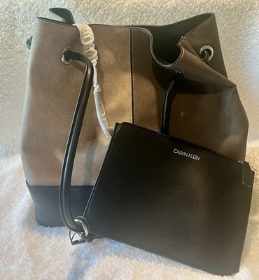 Calvin Klein Gabrianna Color Block Taupe Black Tote Reversible - Image 1 of 4