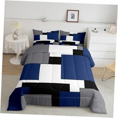 Juego de cama cuadrado geométrico para niños niños niñas, gris marino blanco doble multi 23 Foto 1 de 4