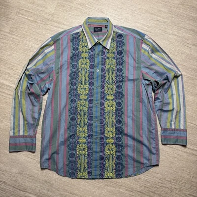 VINTAGE Indigo Palms Shirt Men XL Button Up Floral Striped Relaxed Fit - Image 1 of 4