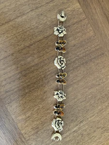 Vintage Gold Tone Flower & Butterfly Slide Panel Bracelet – Enamel Accent Design - Picture 1 of 3