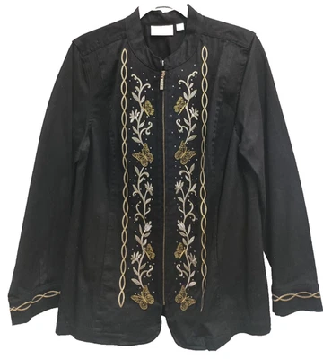 Quacker Factory Womens Artsy Jacket Large Black Butterfly Embroidered Rhinestone - Image 1 of 4
