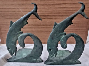 ROBERT GARRET THEW SUJETALIBROS PECES ART DECO VERDIGRIS BRONCE PATINADO PAR - Imagen 1 de 6