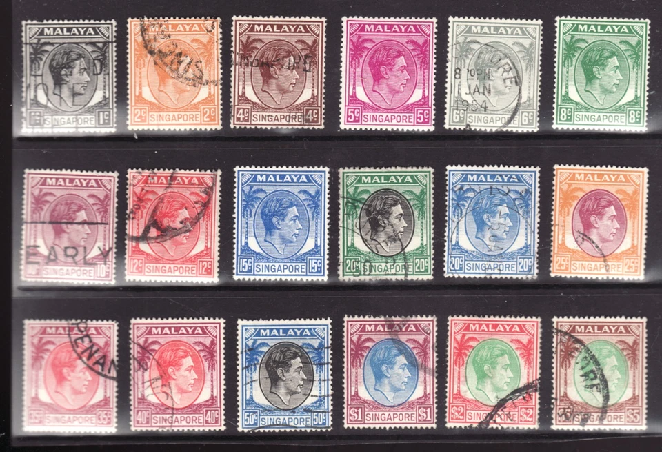 1949-52 Malaya Singapore Sc# 1a-20a (pf18) - KGVI "Palm Oasis". Used/MH Cv$92 - Image 1 of 1