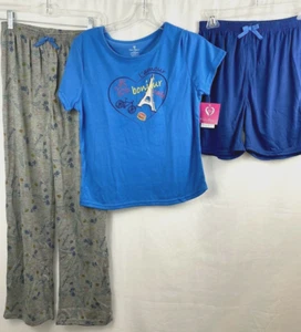 Girl's Chili Peppers 3-Piece Sleepwear/PJ Set- Paris Theme, Turq/Grey Size 14/16 - Picture 1 of 12