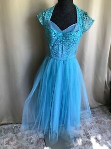 Vintage 50's aquamarine satin with lace ball  dress with two sets of crinoline