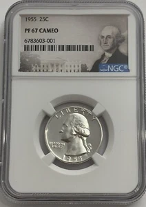 1955 NGC PF67 CAMEO 90% SILVER PROOF WASHINGTON QUARTER 25c PORTRAIT LABEL - Picture 1 of 3