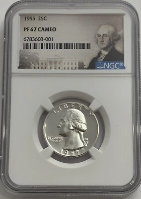 1955 NGC PF67 Cameo 90% Silver Proof Washington Quarter 25c Portrait Label - Image 1 of 3