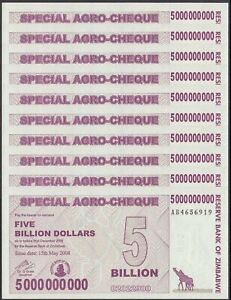 Zimbabwe 5 Billion Dollars Special Agro Cheque, 2008, P-61, UNC X 10 PCS