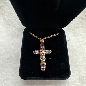 NEW HEALING CROSS GENUINE AMETHYST 2 CARAT NECKLACE PENDANT GOLD TONE 17.5” - Picture 1 of 4