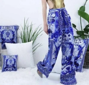 NWT Shahida Parides Chinoiserie Blue Satin Wide Leg Elastic Waist Pants Medium - Picture 1 of 12