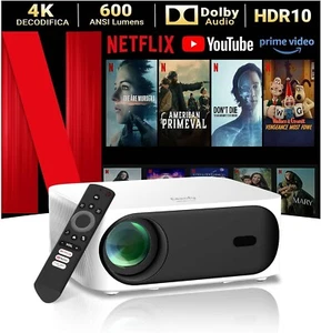 Proiettore Eeenfy 4K 600ANSI Dolby Netflix WiFi6 Bluetooth Smart 1080P NUOVO - Foto 1 di 8
