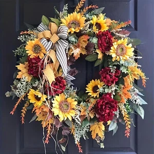 Sunflower Door Wreath Thanksgiving Sunflower Garland with Bowtie Hanging Decors - Picture 1 of 12