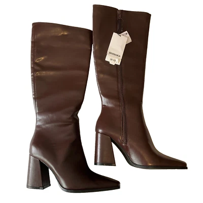 Bershka Tall Heel Boots Womens Size 6.5 Brown Side Zip Airfit Insole Foam - Image 1 of 4