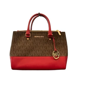 MICHAEL KORS Savannah Colorblock Medium Satchel Signature Brown & Red Designer - Picture 1 of 21