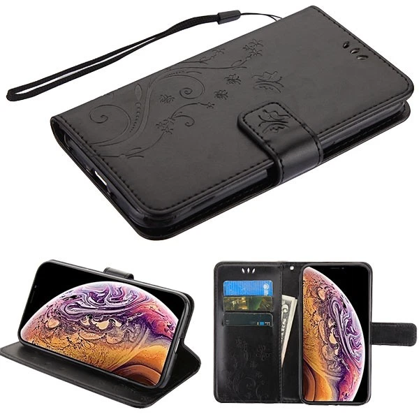 "MyBat 3D Butterfly Flower Leather Wallet Case for iPhone XS Max - Black" - Image 1 of 1
