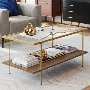 Asher Mid-Century Rectangle Coffee Table Glass Top and Rustic Oak Storage She... - Picture 1 of 7