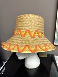 Vtg 1950s Beach Hat Straw Rick Rack trim Raffia - Picture 1 of 6