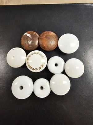 Vtg 10 White Porcelain & Wood Knobs Cabinet Drawer Pulls Varies Sizes  - Image 1 of 4