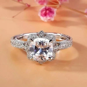Women's Engagement Ring 14K White Gold Plated 2Ct Cushion Cut Simulated Diamond - Picture 1 of 8