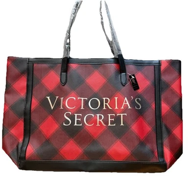 NEW Victoria's Secret Red Black Buffalo Plaid Large Canvas Tote Bag MSRP $58 - Image 1 of 4