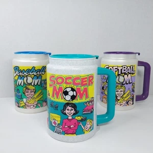 Vintage Sports Mom 3 Travel Drink Mugs Cup w Lids 16oz Whirley Retro USA - Picture 1 of 17