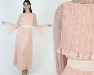 Vtg Peach Chiffon Dress Bell Slv Bridesmaids Lace Long Wedding Capelet Gown M - Picture 1 of 7