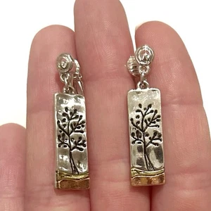 Tree of Life Rectangular Dangle Clip On Earrings Silver Gold Copper Tone Nature - Picture 1 of 6