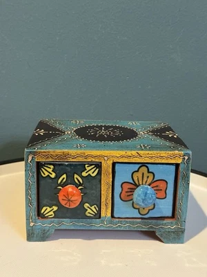 Wooden 2 Drawer Ceramic Painted Small Desktop Organizer Storage Box with Drawers - Image 1 of 4