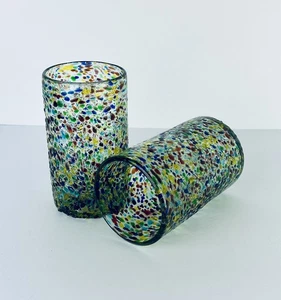 Hand Blown Mexican Confetti Drinking Glass Multi-color Pebbled Tumbler Set of 2 - Picture 1 of 12