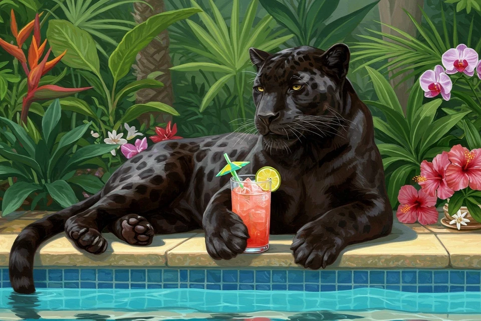 Black Panther With Cold Drink Painting Wall Art Print Printed On Canvas Artprint - image 1 of 1