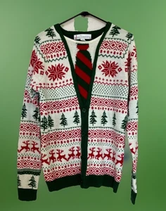 Jolly Sweaters Medium Christmas Sweater Cardigan Look Tie Ugly Holiday - Picture 1 of 12