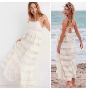 AERIE weiß Batik Maxikleid Baumwolle hinten offen Quaste Strand Gr 1XL 16 18 - Bild 1 von 9