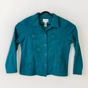 Denim & Co Jacket Womens Large Blue Turquoise Embroidered Fleece Office Casual - Picture 1 of 8