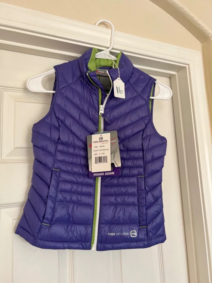 Juvenil S (7/8) NUEVO. Chaleco Power Down Free Country. Violeta con interior verde lima Foto 1 de 1