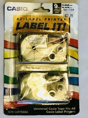 Casio EZ-Label Printer Label It 9mm  3/8 Inch XR-9X  2 Pcs Clear Tape Black Ink - Image 1 of 2