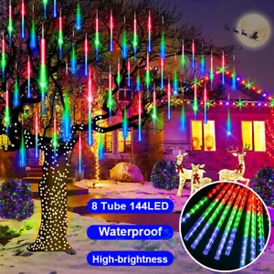 Meteoros Lluvia Luces 144 LED 8 Tubo De Arbol Navidad Decoracion Exterior Jardin - Picture 1 of 16