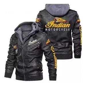 New Men's Indian Motorcycle Hoodie Black genuine Cowhide Leather Biker Jacket - Picture 1 of 2