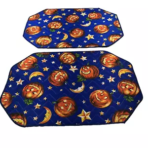 Set of 2 Fall Halloween Pumpkins Moon Stars Blue Placemats Reversible Cloth NICE - Picture 1 of 5