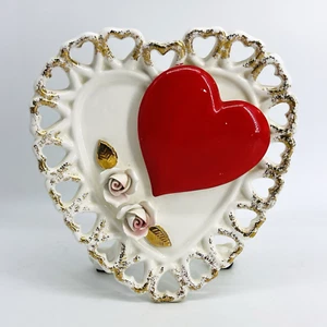 VTG 1959 SAMSON RELPO HEART SHAPE ROSES/GOLD VALENTINES DAY LOVE PLANTER-#445-L - Picture 1 of 17