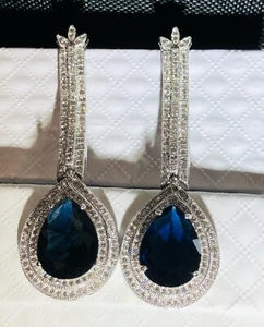 18k White Gold Filled Big Long Drop Lab-Created Blue Sapphire Earrings Gorgeous - Picture 1 of 12