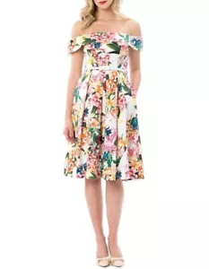 REVIEW stretch floral off shoulder belted pleat prom pocket dress / sz 6 - Picture 1 of 11