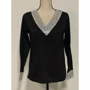 Exklusive ❤️ Bluse mit V-Ausschnitt und Paillettenakzent Schwarz & Silber Größe S - Bild 1 von 6
