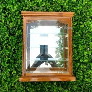 WALL CABINET Wood & Glass Teak Curio Handmade Carved Shadow Box Display Case - Picture 1 of 11