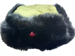 VINTAGE CHINESE MILITARY TRAPPER HAT GREEN WITH FUR TRIM EAR FLAPS QUILT LINED - Picture 1 of 8