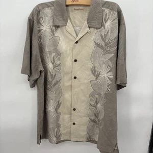 Camisa de campamento de seda Tommy Bahama para hombre gris beige estampado de palma manga corta talla grande - Imagen 1 de 7